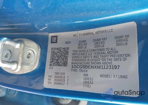 2021 Chevrolet Colorado 2Wd Short Box Wt z USA, uszkodzony, nr VIN 1GCGSBENXM1123197